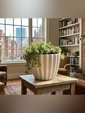 7 Inch White Ceramic Fluted Barrel Planter - Glossy White Indoor Outdoor